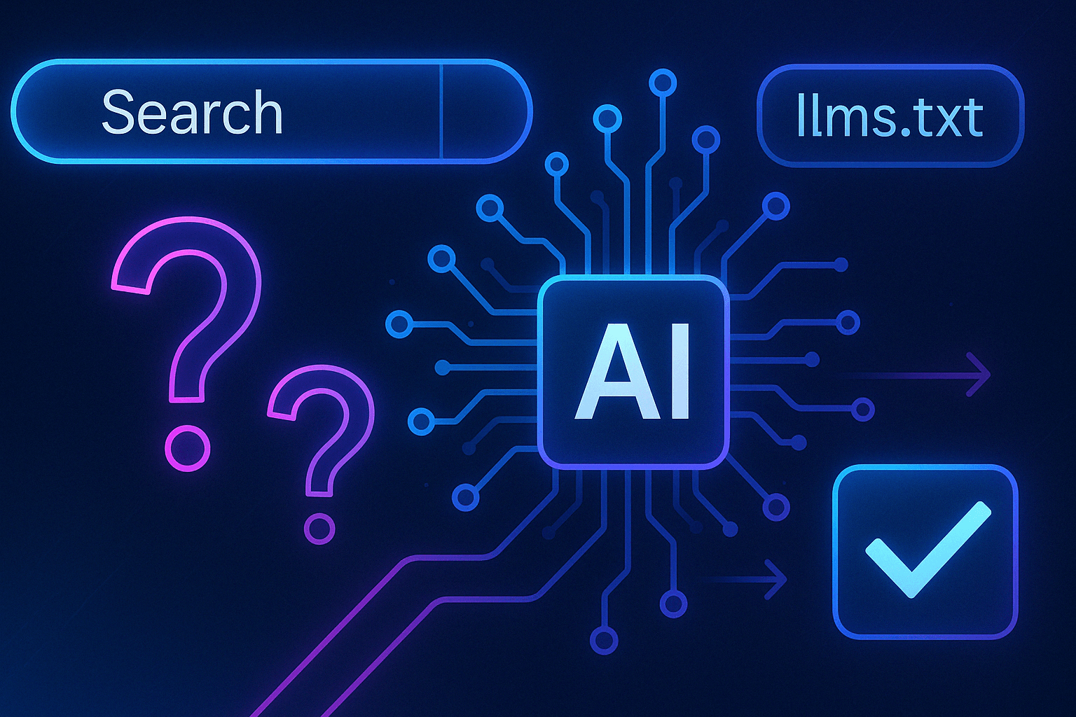 Answer Engine Optimization with LLMs visualization showing AI, search, and llms.txt concepts