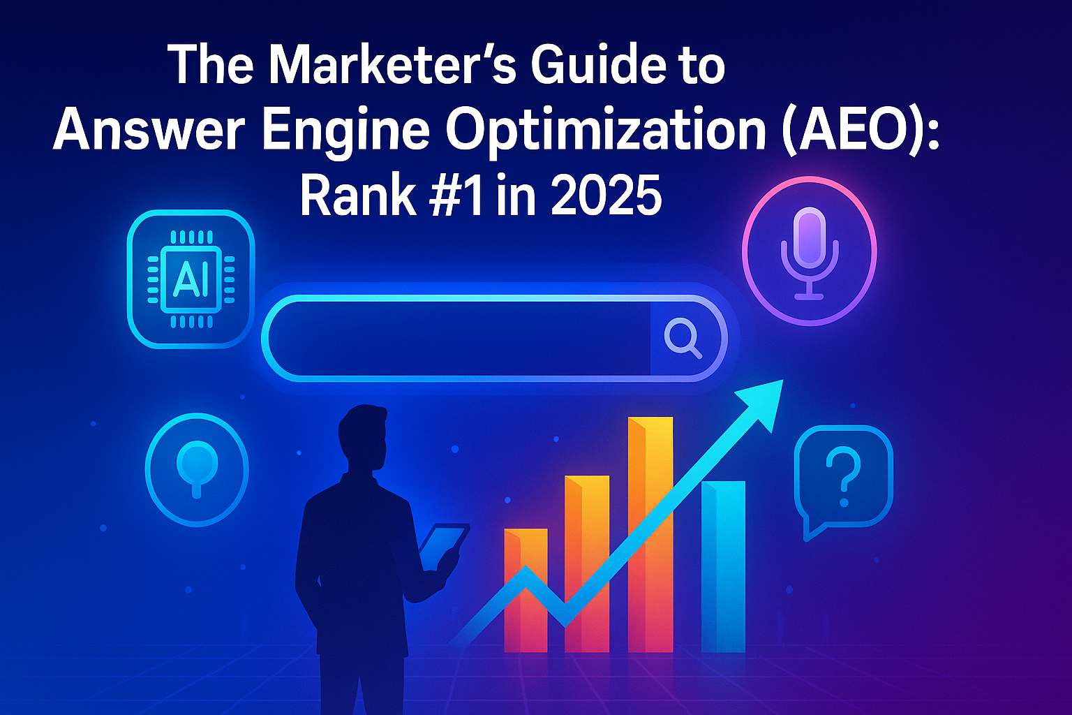 Hero image for The Marketer's Guide to Answer Engine Optimization (AEO), showing AI, search, and voice icons with a growth graph.